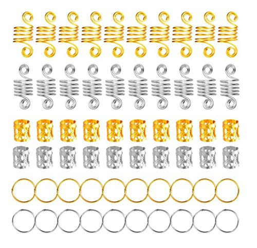 60PCS Hair Coil Dreadlocks Hair Braid Rings Dreadlocks Metal Hair Cuffs Hair Jewelry Rings Decoration Clips Hair Braiding Beads for Hair Braids Accessory -Gold and Silver-