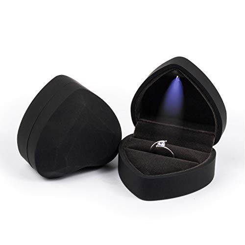 Heart Shaped Ring Gift Box with LED Light  Velvet Earrings Jewelry Case with Light  Jewellry Display Box for Wedding  Engagement  Proposal  Birthday and Anniversary -Black-