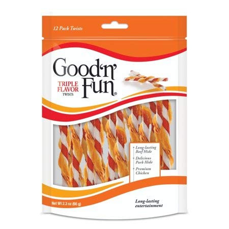 Good_n_Fun Triple Flavored Rawhide Twists Chews for Dogs 12 Sticks