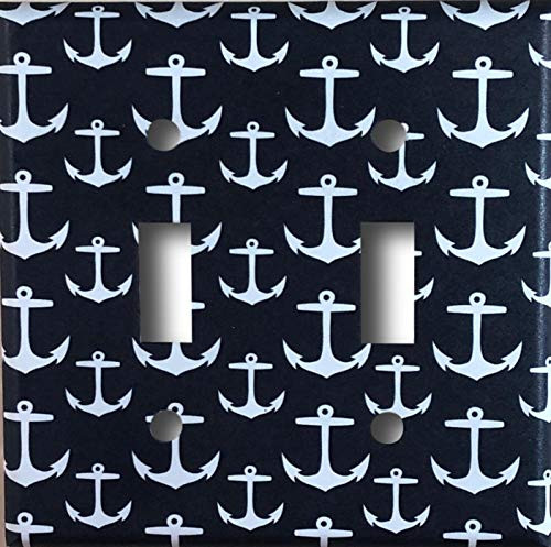 Navy Blue Boat Anchor Nautical Design Decorative Double Toggle Light Switch Wall Plate Cover Standard Midway or Jumbo Size