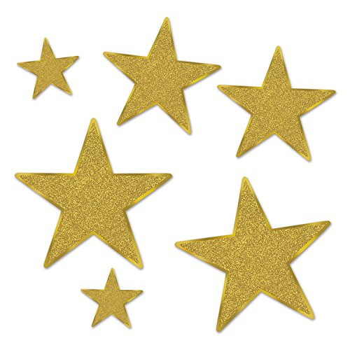 Beistle Glittered Foil Star Cutouts -6 Pack-  Assorted Sizes  Gold