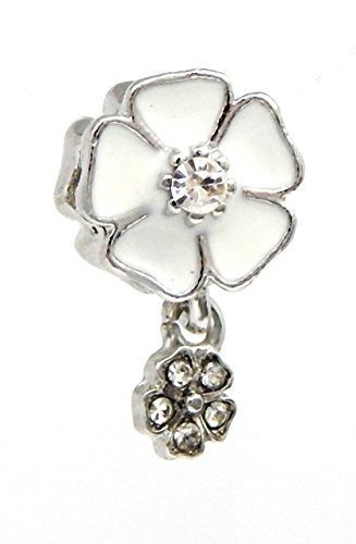 J and M Dangle White Flower with Crystals Charm Bead for Charms Bracelets