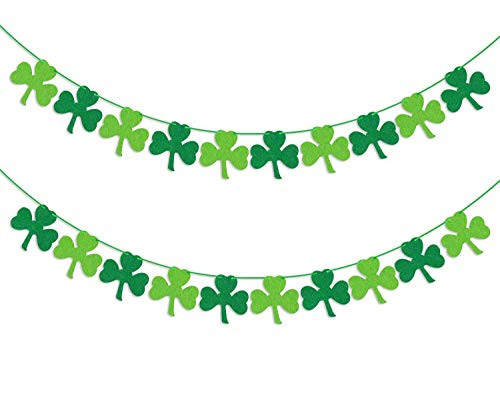 FINGER LOVE Felt Shamrock Clover Garland Banner - NO DIY - St. Patrick _s Day Banner Decor - St. Patrick _s Day Garland Decorations - Irish Party Supplies - Green and Light Green Color -2pcs-