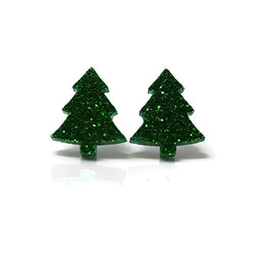 Glitter Tree Stud Earrings  Metal Free Plastic Post  12mm Green