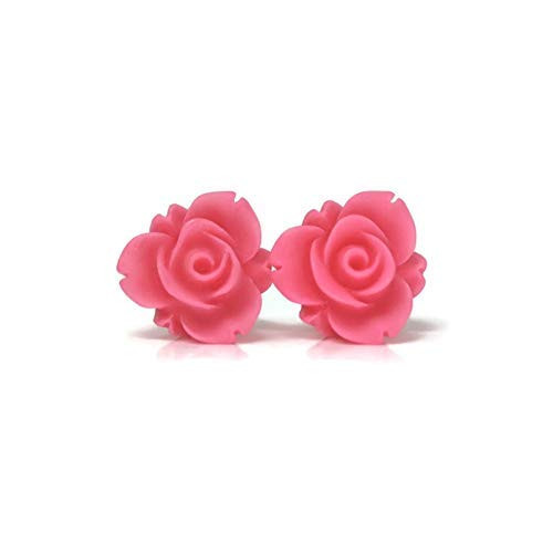 Plastic Post Rose Bud Earrings for Metal Sensitive Ears  13mm Bright Pink