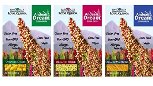Andean Dream Organic Vegan Gluten Free Quinoa Pasta 3 Flavor Variety Bundle: (1) Andean Dream Shells, (1) Andean Dream Fusilli, and (1) Andean Dream Macaroni, 8 Oz. Ea.
