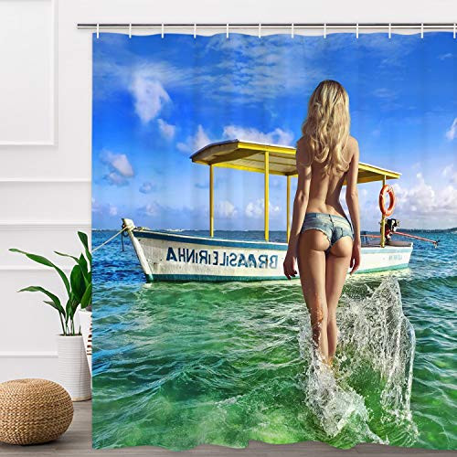 BLEUM CADE Young Woman Running Into Sea Bathroom Shower Curtain Set Hawaiian Shower Curtain Ocean Curtains Waterproof Durable Fabric Bath Curtains Anti-Mildew Odorless Bathroom Decoration
