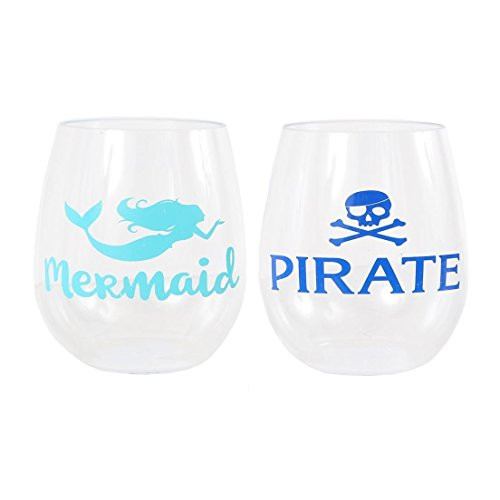 DEI Pirate/Mermaid Stemless Wine Glass Set,Clear