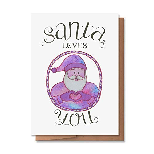 Wunderkid Santa Loves You Christmas Card  Cute  and  Funny Santa Christmas Card -1 Single Card  Blank inside-