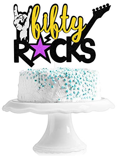 Fifty Rocks Birthday Cake Topper - Rock and Roll Music Theme Party Glitter Guitar Cake Decor - 50_s Rocks Birthday Party Decoration