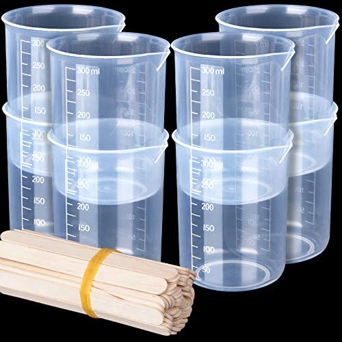 8 Pack 300ml Liquid Measuring Mixing Cups for Epoxy Resin  LEOBRO Graduated Plastic Measuring Cups for Resin  Multipurpose Mixing Cups for Resin Epoxy Paint Food  Lab Use  with 50 PCS Mixing Sticks