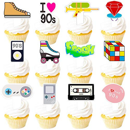 90s Cupcake Topper 1990s Retro Theme Decor Picks for 90_s Decade Throwback Party Decorations Supplies 24pcs