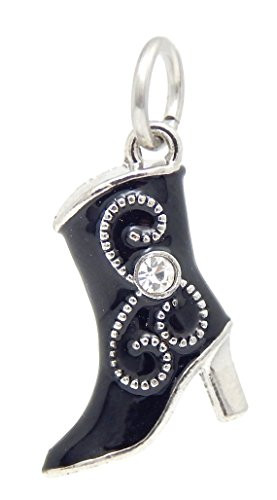 J and M Dangle Black Cowboy Boot with Crystal Charm Bead for Charms Bracelets
