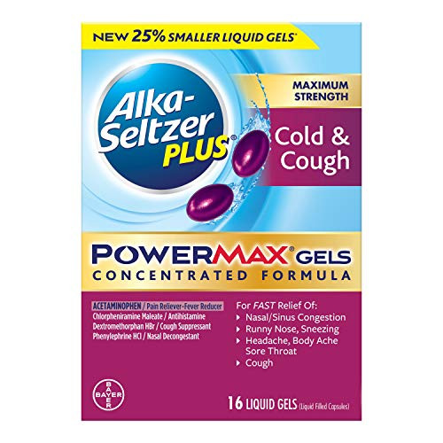 Alka Seltzer Plus Maximum Strength PowerMax Cold and Cough Medicine Liquid Gels for adults with Pain Reliever  Fever Reducer  Cough Suppressant and Nasal Decongestant  16 count