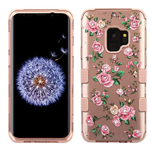 MyBat Cell Phone Case for Samsung Galaxy S9 - Pink Roses 2D Rose Gold Diamonds Image