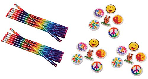 FUN Retro  Tie Dye  Peace  Love  60_s  Hippie Party Favors ~ 12 Tie-Dye Pencils  and  72 Retro Puffy Stickers ~ Teacher Student Classroom Giveaways