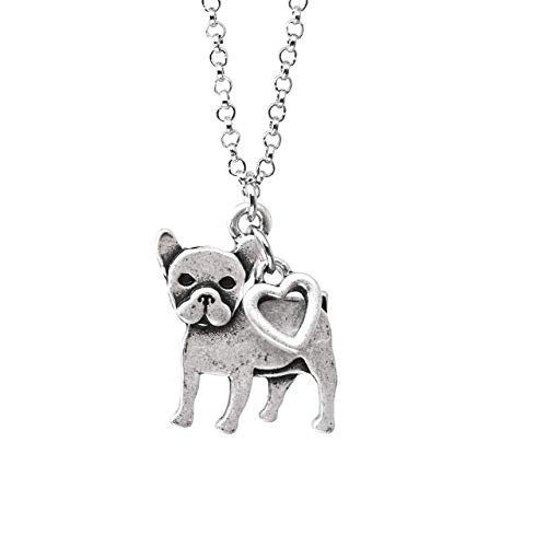 French Bulldog Boston Terrier Charm Necklace  Pet Dog Lover Gift  Silver Metal with Heart Pendant on a Chain  Ladies I Love Small Puppy