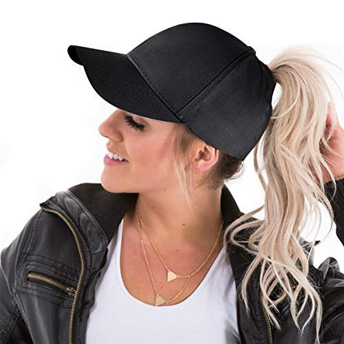 High Ponytail Hole Baseball Hats Cap for Women Messy Bun Hat Adjustable Cotton and Mesh Trucker Baseball Sun Cap Black-Black-