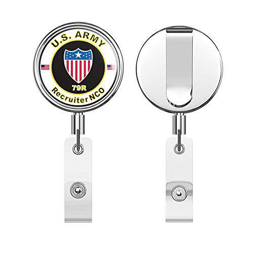 U.S. Army MOS 79R Recruiter NCO Round ID Badge Key Card Tag Holder Badge Retractable Reel Badge Holder with Belt Clip