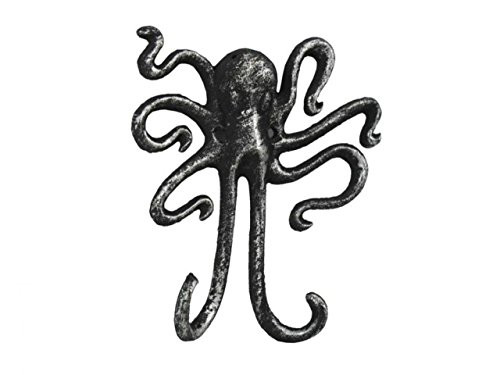Hampton Nautical  Antique Cast Iron Decorative Wall Mounted Octopus Hook, 7", Silver