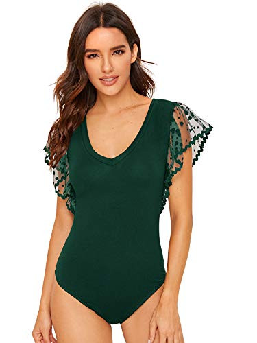 Verdusa Women_s Contrast Mesh Flutter Short Sleeve V Neck Leotard Bodysuit Dark Green XS