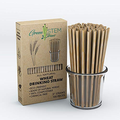 Green Stem Plant Based Cocktail Drinking Straws  All Natural  Biodegradable  Eco-Friendly Disposable Wheat Straws  Organic  Chemical Free Alternative to Plastic Straws  5inch   100 Pack