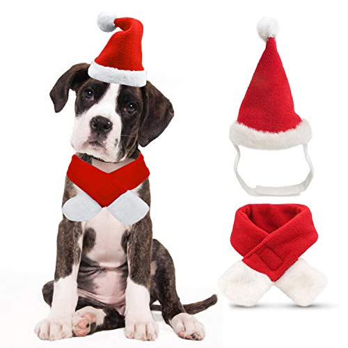 Ollypet Dog Cat Christmas Costume Set Santa Claus Hat and Scarf for Pet Outfit for Small Dogs Cute Fleece Hat Party Event Apparel Funny Clothes Accessory -S-
