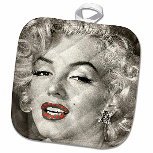 3D Rose Portrait of Marilyn Monroe Black and White Read Hearts Pot Holder, 8 x 8"