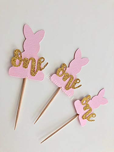 Bunny Cupcake Toppers in Pink and Gold with Cursive ONE for 1st Birthday party. Table Decor. Bunny Party. Easter Party Decorations. Some Bunny is One 12 CT