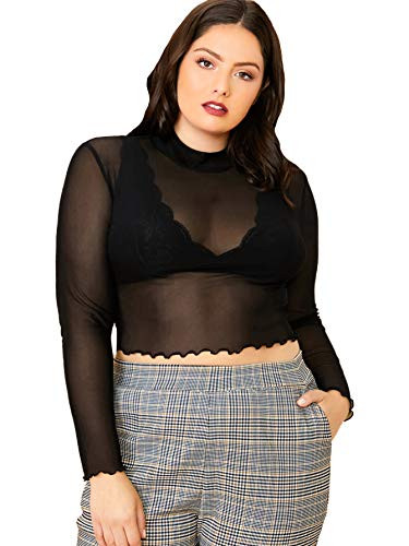 Floerns Women_s Long Sleeves Mesh Sheer Mock Neck Crop Tops Tee Black Plus 2XL