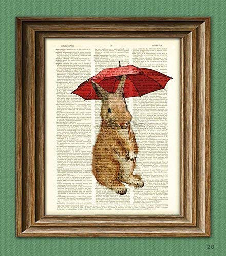 Rainy Day Rabbit. Cute Bunny Rabbit Illustration Beautifully Upcycled Dictionary Page Book Art Print
