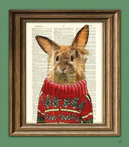 Flopsy the Rabbit In an Ugly Sweater Cute Christmas Bunny Rabbit Illustration Beautifully Upcycled Dictionary Page Book Art Print