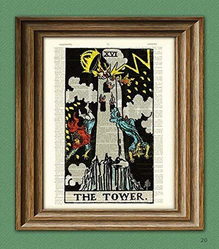 The Tower Major Arcana Tarot Card Print Over an Upcycled Vintage Dictionary Page Book Art