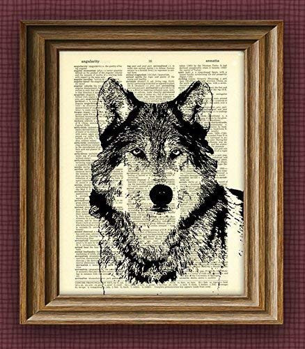 Cool Wolf Illustration Beautifully Upcycled Dictionary Page Book Art Print
