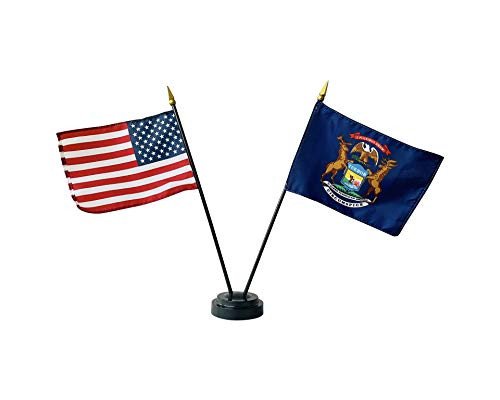4x6 E-Gloss Michigan Stick Flag w U.S. Stick Flag  and  2 Flag Plastic Table Base - Qty 1