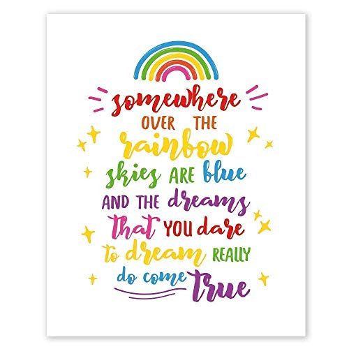 Somewhere Over The Rainbow Wall Art Prints - Unframed 8x10 in - Inspirational Picture Kids Room Decor - Cute Sign Nursery Pics for Bedroom - Positive Quotes Children Posters for Home