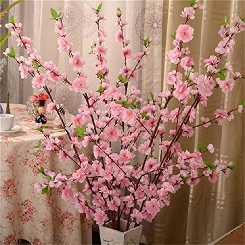T-REASURE 6Pcs Artificial Peach Blossom Trees  26inch Length Silk Simulation Flowers Peach Branches Cherry Plum Bouquet Branch Arrangements for Home Wedding Decor