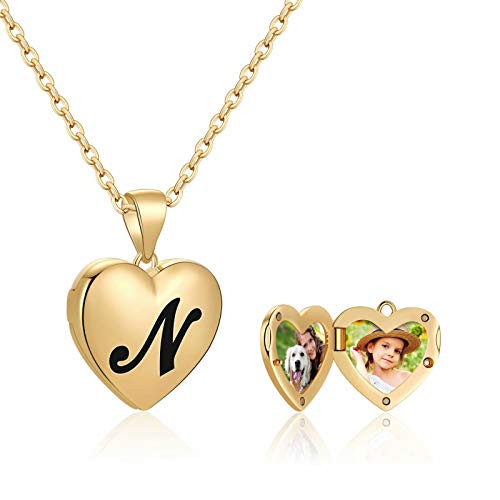 IEFWELL Heart Locket Necklace That Holds Pictures  14K Gold Plated Photo Pendant Necklace with Initials N Memory Heart Necklace with Picture for Women Girls