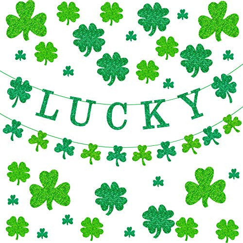 34 Pieces St Patricks Day Decorations Set Include Glitter Shamrock Clover Banner Lucky Banner Paperboard Shamrock St. Patrick _s Day Garland Decorations for Irish Party Supplies