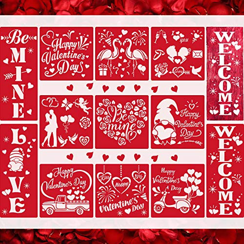 12 Pieces Valentine_s Day Painting Stencils Reusable Plastic Stencils Template Heart Shape Template for Painting on Wood Front Door Porch DIY Art Projects Wedding Home Decor