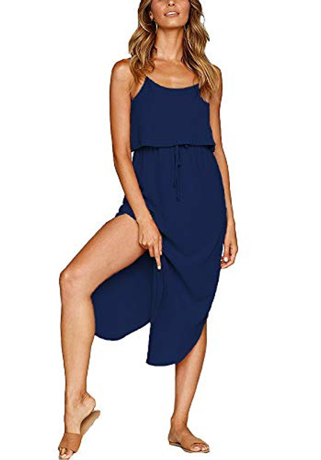 OURS Women_s Casual Adjustable Spaghetti Straps Sleeveless Sundress Split Beach Solid Midi Dresses -Navy Blue  XL-