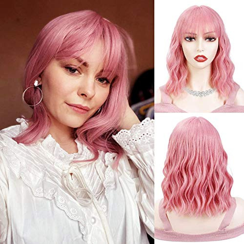 Wavy Wig Pink Wig for Women Wigs With Bangs Short Curly Pastel Bob Wigs Resistant Synthetic Cosplay Wig for Girl Heat Friendly Colorful Costume Wigs -Pink wig-