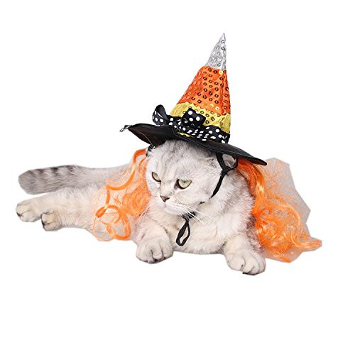 Ollypet Dog Cat Halloween Costume Wizard Hat for Pet Cosplay Outfit with Wig for Small Dogs Cute Fleece Hat Party Event Apparel Funny Clothes Accessory S