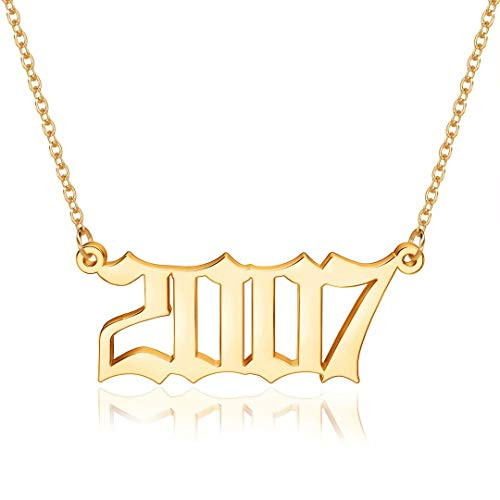 M MOOHAM Birth Year Necklace for Women  Gold 2007 Necklace Old English Birth Year Number Pendant Necklace for Women Teen Girls Boys Birthday Gifts