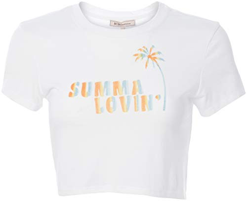 BCBGeneration Women_s Short Sleeve Baby Cropped Graphic T-Shirt  Optic White  XS -US 2-