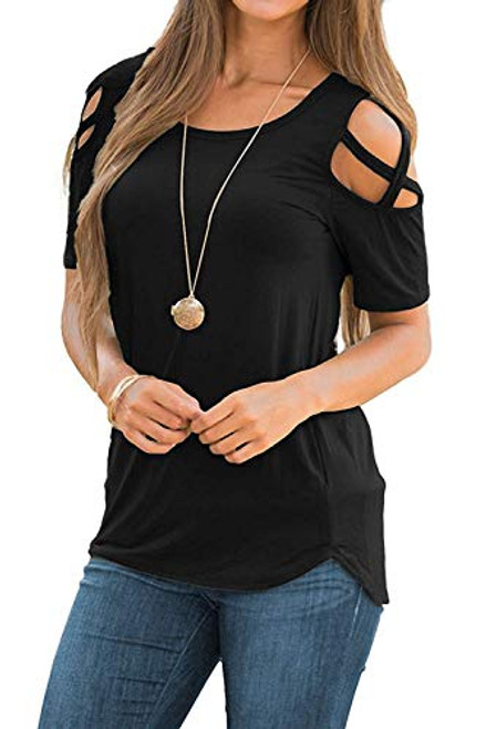 Sarin Mathews Womens Summer Strappy Cold Shoulder Short Sleeve Tunic Tops Casual Tees Loose Basic T Shirts Blouses Black XL Sarin Mathews Womens Summer Strappy Cold Shoulder Short Sleeve Tunic Tops Casual Tees Loose Basic T Shirts Blouses Black XL