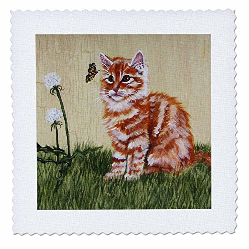 3dRose qs_44379_1 Orange and White Striped Tabby Kitten Staring at Butterfly with yellow Crackled Background-Quilt Square, 10 by 10-Inch