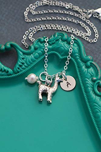 Llama Necklace - Personalized Initial  Choose Pearl or Crystal Color - Handstamped 3 8 Inch Disc - Farm Animal - DII AAA