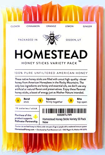 Homestead Flavored Honey Sticks  5 Flavors Include Clover  Cinnamon  Orange  Lemon  Ginger  Pure American Honey Stix with Essential Oils for Taste -20 Pack-