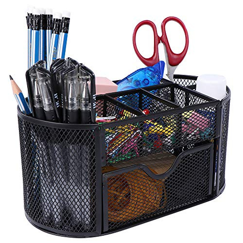 Mesh Desk Organizer for Office Supplies  9-Compartment Multi-Functional with Drawer. Desktop Organizer Caddy. Desk Organizers and Accessories for Office-School-Home-Workshop  Black